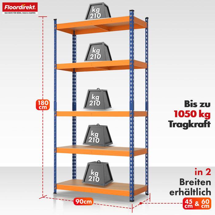 FLOORDIREKT Schwerlastregal Rhino - Lagerregal mit 5 Fachböden - 1050 kg Traglast - Blau-Orange - 180 x 90 x 45 cm-1