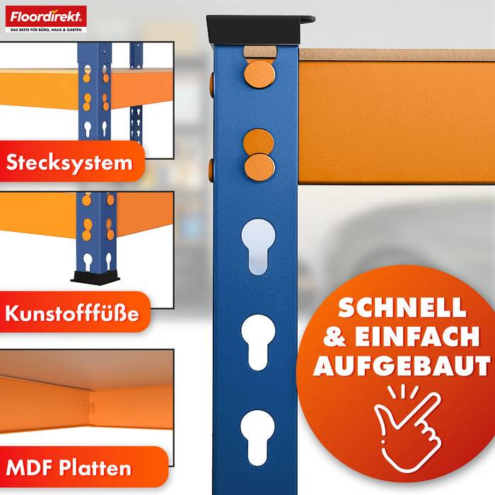 FLOORDIREKT Schwerlastregal Rhino - Lagerregal mit 5 Fachböden - 1050 kg Traglast - Blau-Orange - 180 x 90 x 45 cm-2