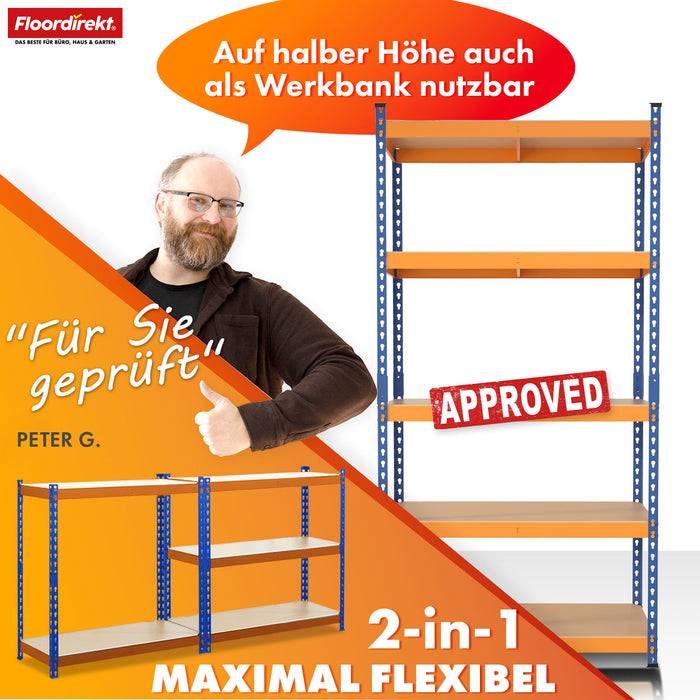 FLOORDIREKT Schwerlastregal Rhino - Lagerregal mit 5 Fachböden - 1050 kg Traglast - Blau-Orange - 180 x 90 x 45 cm-3