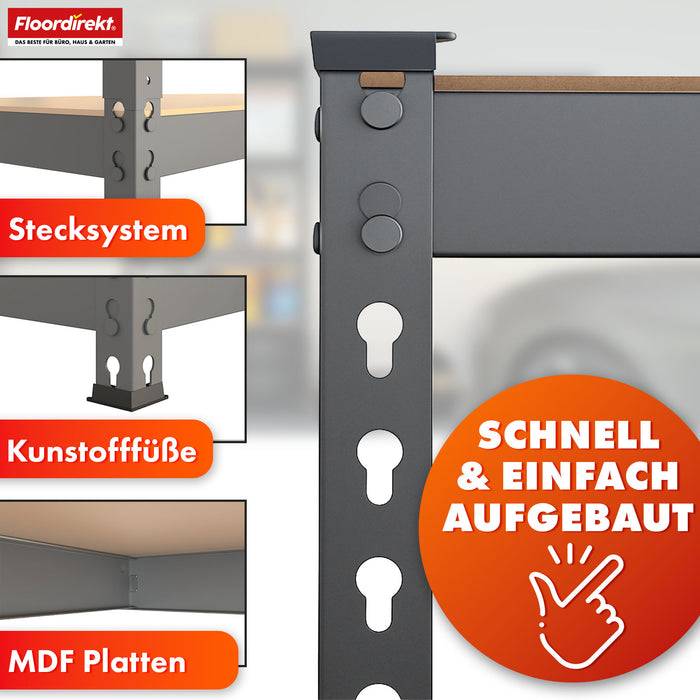 FLOORDIREKT Schwerlastregal Rhino - Lagerregal mit 5 Fachböden - 1050kg Traglast - Anthrazit-Grau - 180 x 90 x 45 cm-2