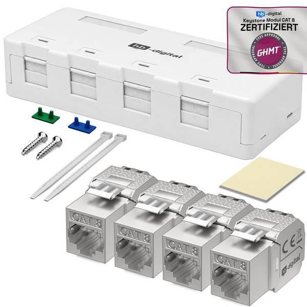 hb-digital Netzwerkdose Aufputz 4 Port CAT 8 Keystone Set