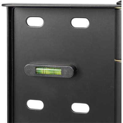 Eine schwarze Wasserwaage ist an einem Metallrahmen befestigt, mit einer horizontalen Libelle, die anzeigt, ob die Oberfläche eben ist.
