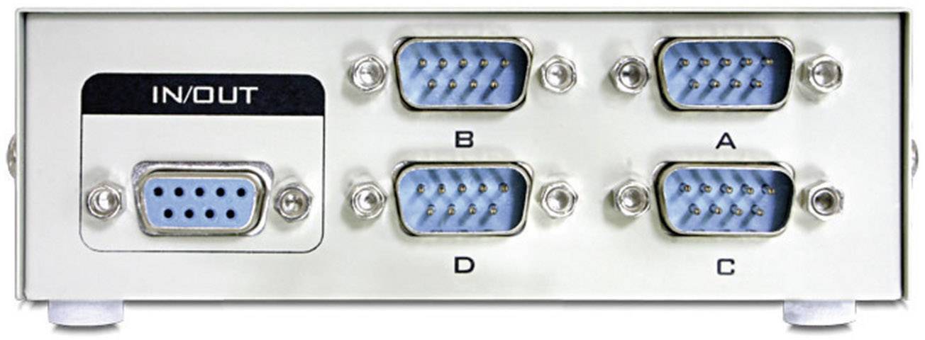Ein Gerät mit fünf VGA-Anschlüssen, beschriftet 'IN/OUT', 'A', 'B', 'C' und 'D', ermöglicht mehrere Videoverbindungen.
