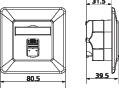 Technische Zeichnung eines quadratischen Schalters mit Größenangaben: Breite 80,5 mm, Tiefe 39,5 mm. Draufsicht und Seitenansicht.