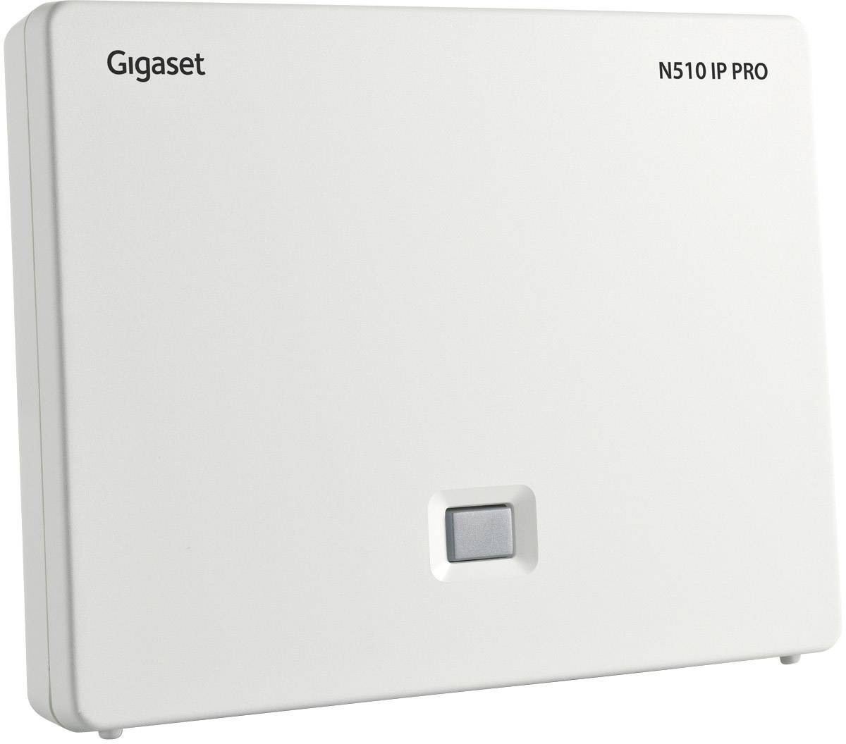 Weiße Gigaset N510 IP PRO Basisstation mit kleinem Knopf, geeignet für DECT-Telefone, bietet VoIP-Kommunikation für Büroanwendungen.