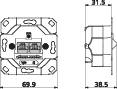 Technische Zeichnung eines elektrischen Schalters mit Abmessungen: Breite 69,9 mm, Höhe 31,5 mm, Tiefe 38,5 mm. Links Vorderansicht, rechts Seitenansicht.