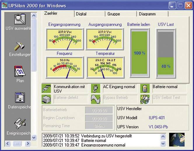 Benutzeroberfläche der Software 'UPSilion 2000 for Windows' mit Anzeigen für Eingangsspannung, Ausgangsspannung, Batteriestatus und USV-Last.