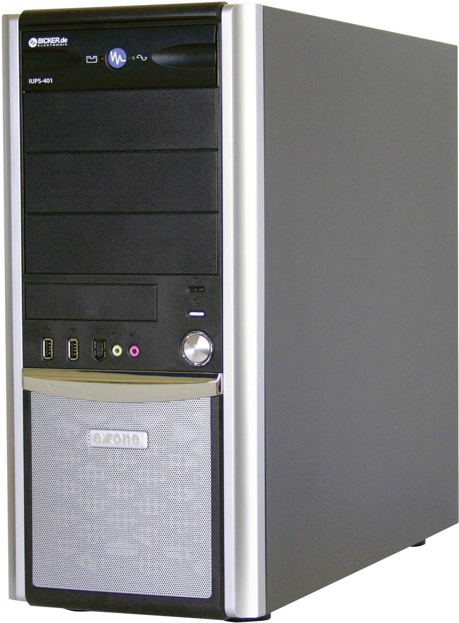 'Schwarzer Computer-Tower mit mehreren Laufwerksschächten und Anschlüssen an der Front. Marke und Modell oben sichtbar.'