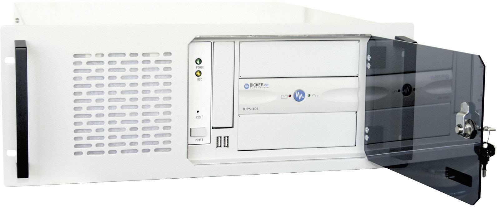 Ein weißes Server-Gehäuse mit einem transparenten, verschlossenen Glastür bietet Zugriff auf Laufwerke und Schnittstellen auf der Vorderseite.