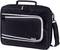 Schwarze Laptoptasche mit einem vorderen Reißverschlussfach und einem abnehmbaren Schultergurt.