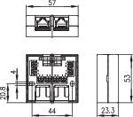 Technische Zeichnung eines elektrischen Bauteils mit zwei viereckigen Modulen, Maße in Millimetern (57x44x23).