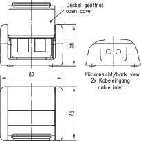 Technische Zeichnung eines Steckverbinders mit Front- und Rückansicht, Maßen und Hinweisen zur Kabelzuführung.