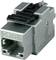 Ein Cat.6A-Netzwerkstecker, geeignet für Ethernet-Verbindungen, in einem metallisch-silbernen Gehäuse, Vorderansicht.