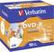 Verbatims DVD-R-Packung, 4,7 GB, 16x Geschwindigkeit, 120 Min. Enthält 10 druckbare DVDs. Blau-orange Verpackung mit Bild spielender Kinder.