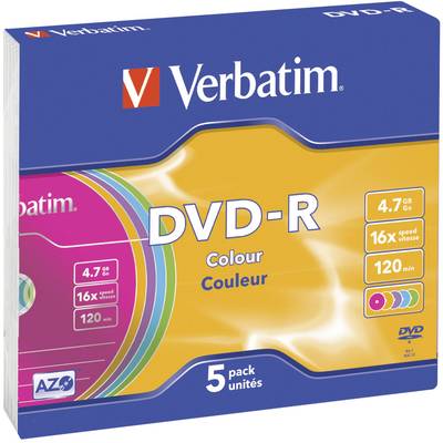 Verbatim DVD-R Packung, 5 Stück, 4,7 GB, 16-fache Geschwindigkeit, 120 Min. Enthält bunte Discs mit Aufdruck 'Colour Couleur'.