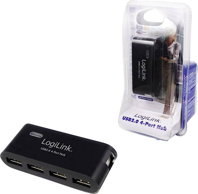 USB-Hub von LogiLink mit 4 Ports, Farbe Schwarz. Verpackt und ausgepackt abgebildet. Ideal zum Anschluss mehrerer Geräte.