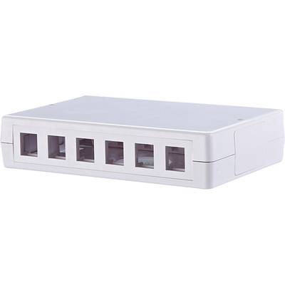 Ein weißer Netzwerkverteiler mit fünf Ethernet-Anschlüssen, verwendet für Kabelverbindungen in Computernetzwerken.
