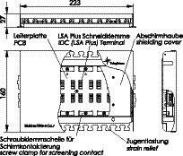 'Technische Zeichnung eines Verbindungsmoduls mit Abmessungen, Anschlussdetails und Kennzeichnungen für Schraubverbindungen und Zugentlastung.'