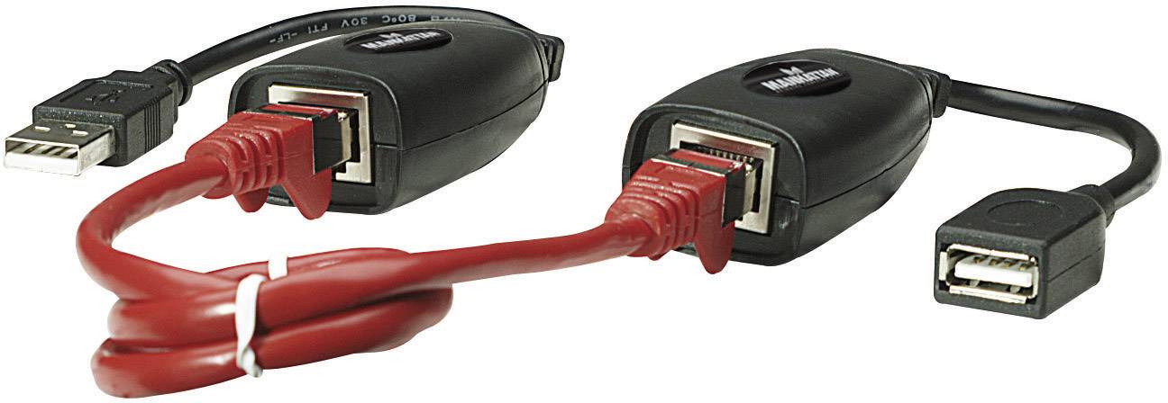 Zwei USB-Verlängerungskabel mit roten Steckern und schwarzen Anschlüssen, verbunden durch ein langes Kabel; verwendet für Datenübertragung.