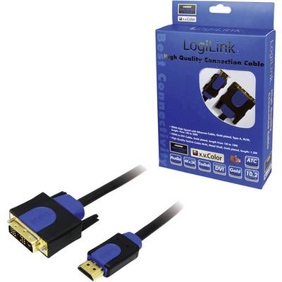 Verpackung und Kabel von LogiLink. Das Kabel hat HDMI und DVI-D Anschlüsse. Verpackungstext: 'High Quality Connection Cable'.