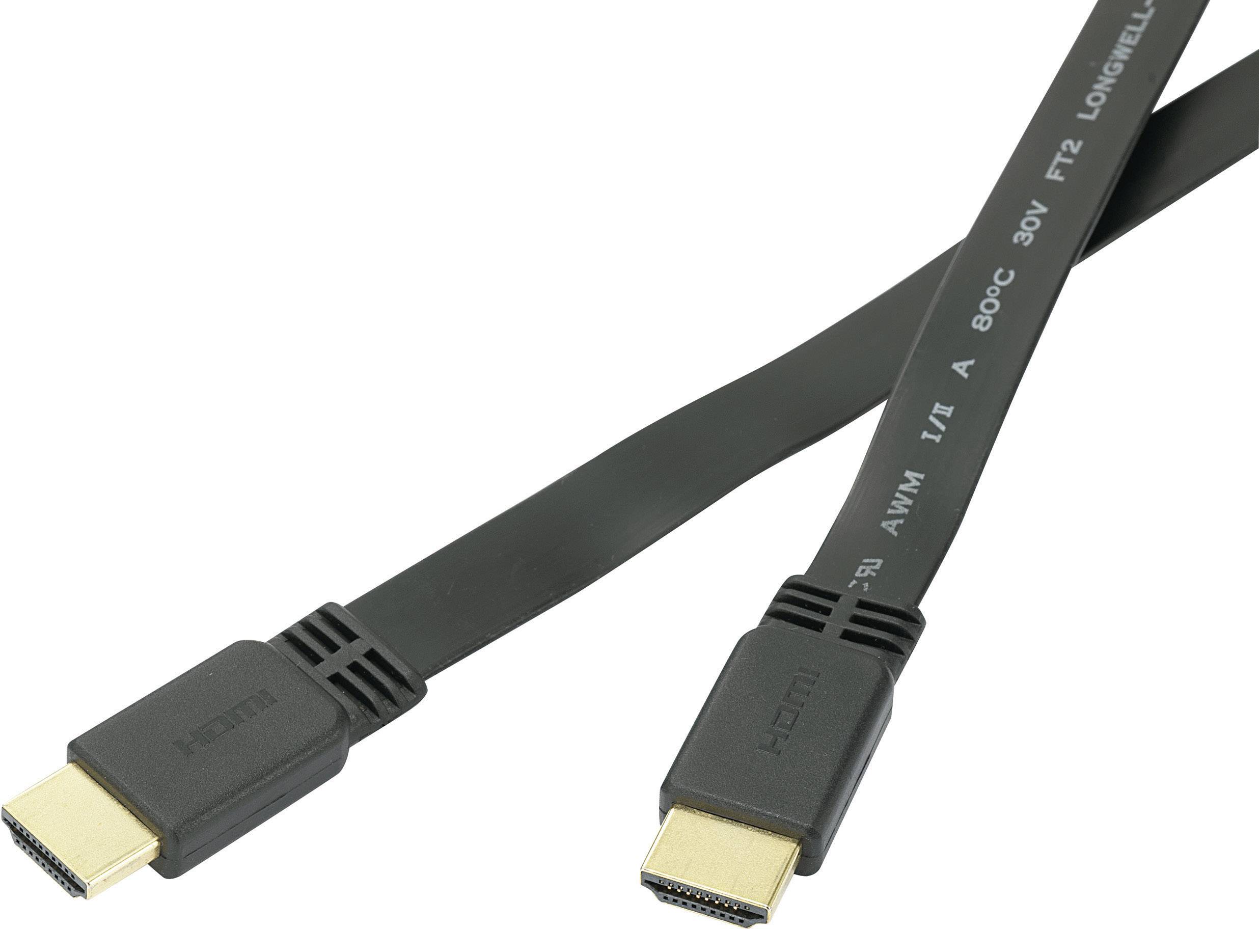Ein schwarzes HDMI-Kabel mit zwei Steckern an jedem Ende, geeignet für die Übertragung von Audio- und Videosignalen zwischen Geräten.