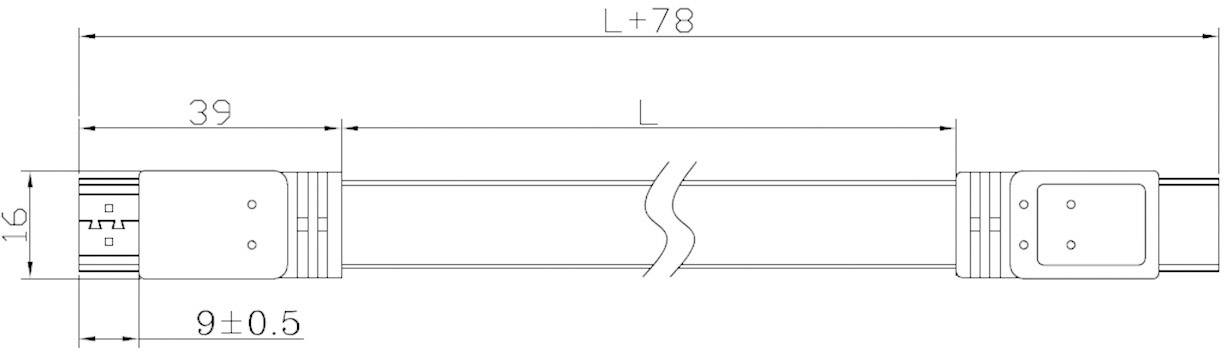 Diagramm eines Kabels mit Steckern an beiden Enden. Maße: Gesamtlänge 'L+78', Längenangaben '39' und '9±0,5', Höhe '16'.