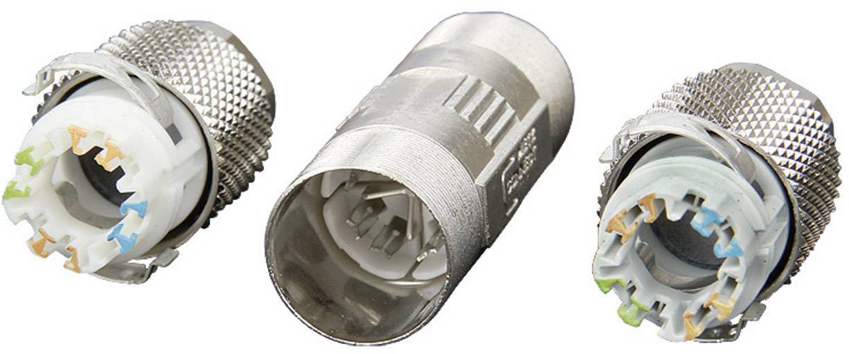 Drei Netzwerkstecker aus Metall sind gezeigt: zwei mit mehrfarbigen Adernpaaren und einer als Adapter. Sie sind für Datenverbindungen bestimmt.