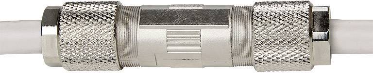 Ein Koaxialkabel-Stecker zeigt eine silberne, zylindrische Form mit geriffelter Oberfläche und einem zentralen Verbindungsstück.