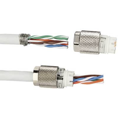 Zwei Ethernet-Kabel mit abgeschirmten Drahtenden und Metallsteckern, die CAT6-Verbindungen darstellen.