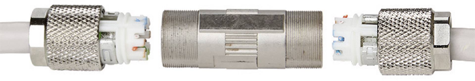 Zwei Metallstecker mit Verbindungselement in der Mitte; zeigt technische Steckverbindung oder Kabelverbindung.