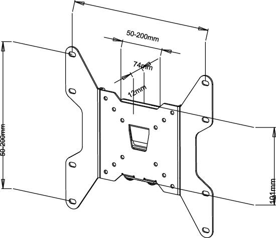 Montagezeichnung einer TV-Halterung mit Maßen: Breite 50-200 mm, Höhe 63-130 mm. Zeigt Lochabstände 74 mm und 12 mm.