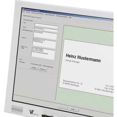 'Computerbildschirm zeigt Visitenkarten-Design-Software mit Details: Name Heinz Mustermann, Design Manager, Adresse, Telefon und E-Mail.'