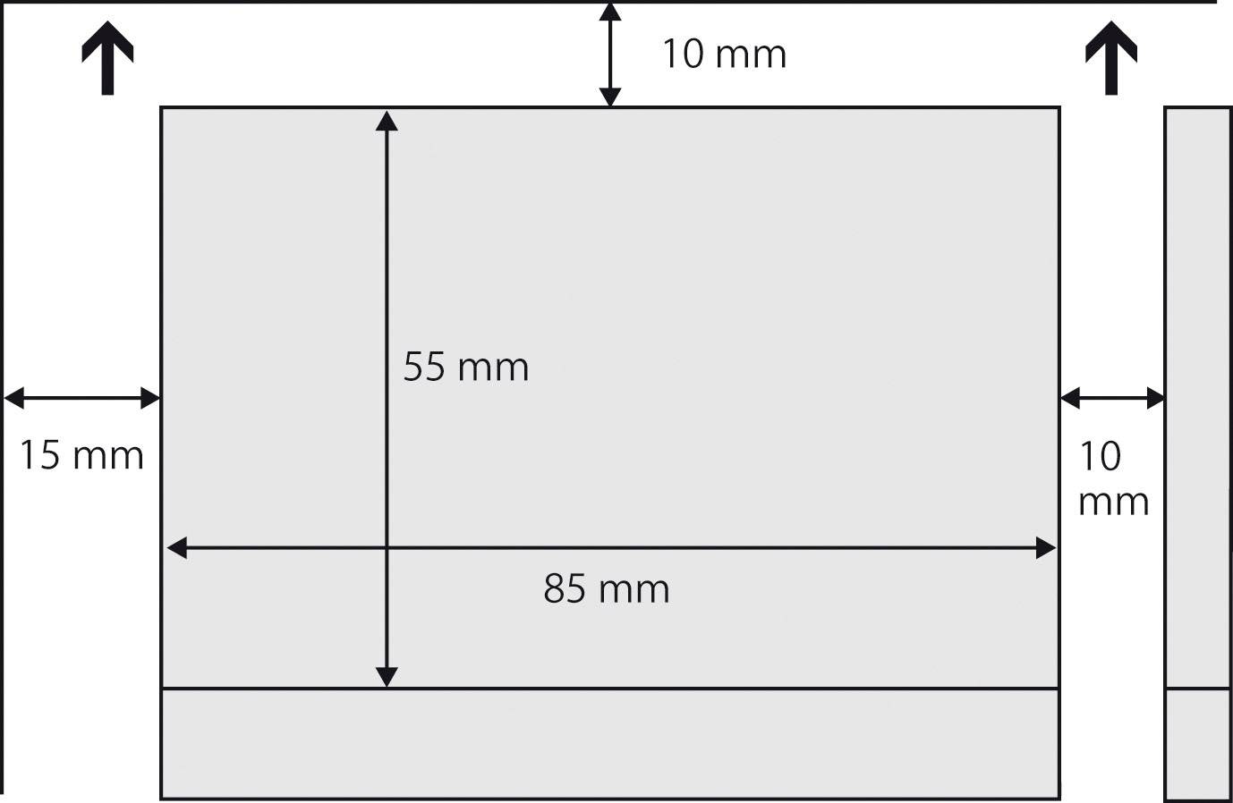 Diagramm zeigt ein Rechteck mit den Maßen 85 mm Breite und 55 mm Höhe. Zusätzliche Pfeile zeigen 15 mm links und 10 mm oben und rechts.