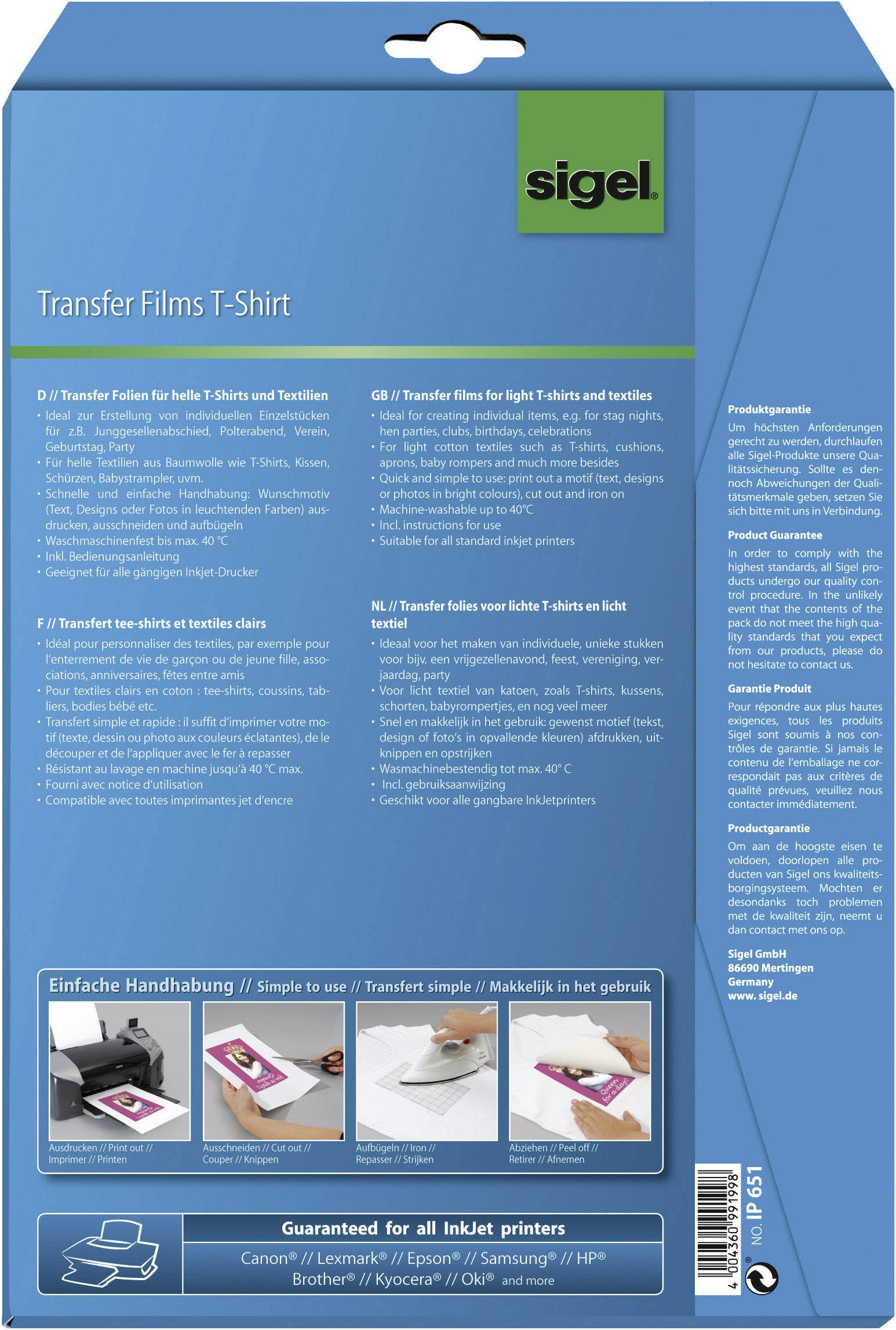 InkJet-Transfer-Folien für T-Shirts A4 helle Textilien InkJet VE=10 Blatt-1