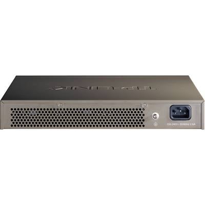Ein schwarzer TP-Link-Netzwerk-Switch mit Lüftungsschlitzen und einem Netzkabelanschluss an der Rückseite.