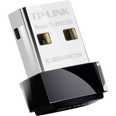 USB-WLAN-Adapter von TP-Link, Modell TL-WN725N, mit kompaktem Design, silberner Oberfläche und schwarzem Sockel.