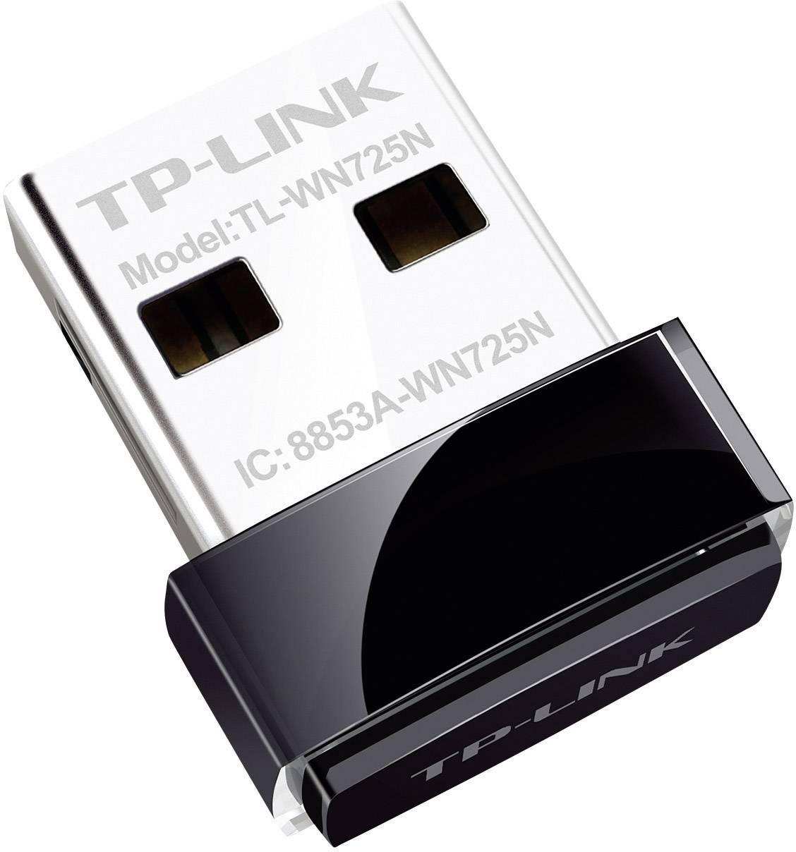 Ein kleiner USB-WLAN-Adapter von TP-Link (Modell: TL-WN725N), der in einen USB-Anschluss eines Computers eingesteckt wird.