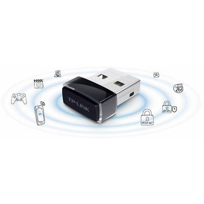 Ein TP-Link USB-WLAN-Adapter, umgeben von Symbolen für Spiele, Smartphone, Musik, Downloads, Sicherheit, die WLAN-Funktionalität darstellen.