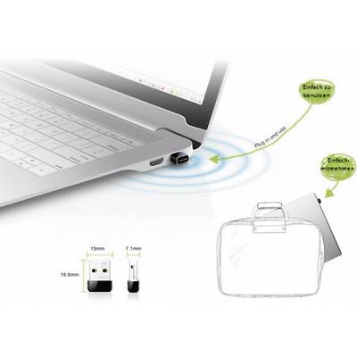 Laptop mit USB-Stick. Text auf Stick: 'Einfach zu benutzen'. Grafik zeigt das einfache Einstecken und unkomplizierte Mitnehmen.