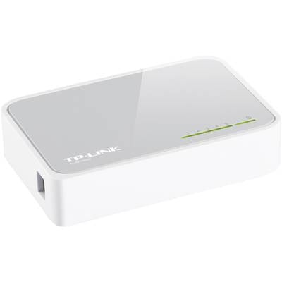 Ein weißer TP-Link Netzwerk-Switch mit fünf Ports und einer LED-Anzeige für den Betriebsstatus. Er dient zum Verbinden mehrerer Geräte.