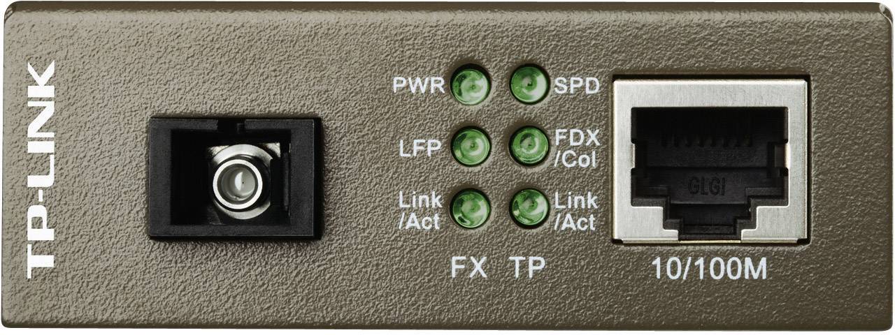 Netzwerk-Medienkonverter mit Fiber- und Ethernet-Anschlüssen. LEDs zeigen den Verbindungsstatus: PWR, LFP, Link, SPD, FDX/Col.