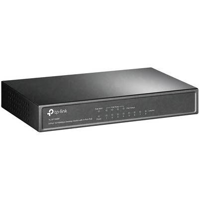 Schwarzer TP-Link 8-Port Desktop-Switch mit LEDs zur Anzeige von Power-Status und Port-Aktivität. Modellnummer: TL-SF1008P.