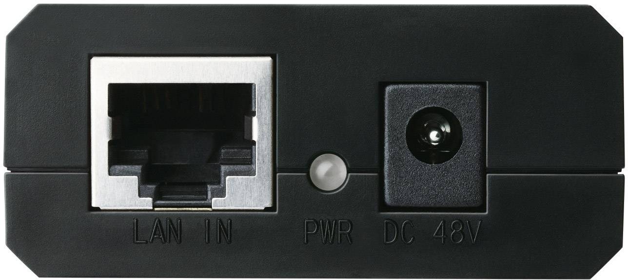 Schwarze Anschlusseinheit mit LAN-Eingang und Stromanschluss für Gleichstrom 48V, gekennzeichnet durch 'LAN IN' und 'DC 48V'.