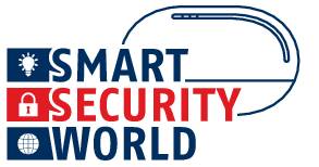 'Smart Security World': Logo mit stilisiertem Schloss, Glühbirne und Informationssymbol. Thema: Sicherheit und Technologie.