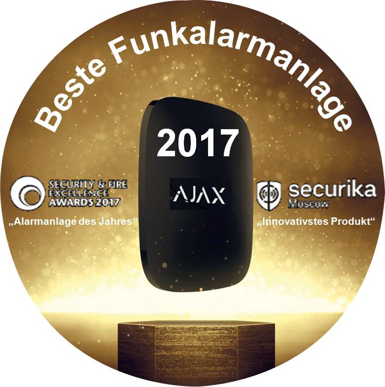 'Beste Funkalarmanlage 2017' vor goldenem Hintergrund. Gewann 'Alarmanlage des Jahres' und 'Innovativstes Produkt'.