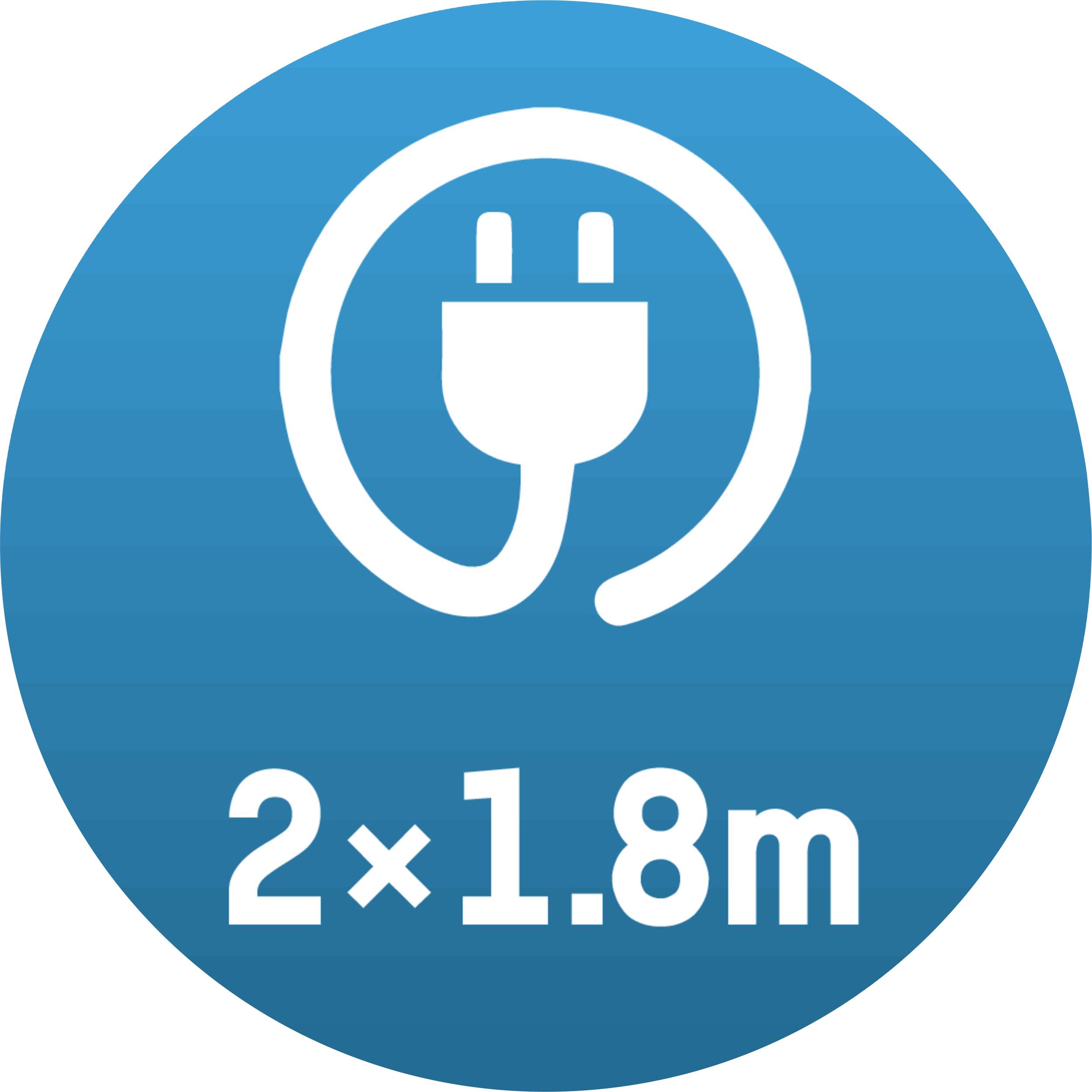 Symbol eines Steckers auf blauem Hintergrund mit der Aufschrift '2 x 1,8 m', die zwei Kabel von je 1,8 Metern Länge anzeigt.