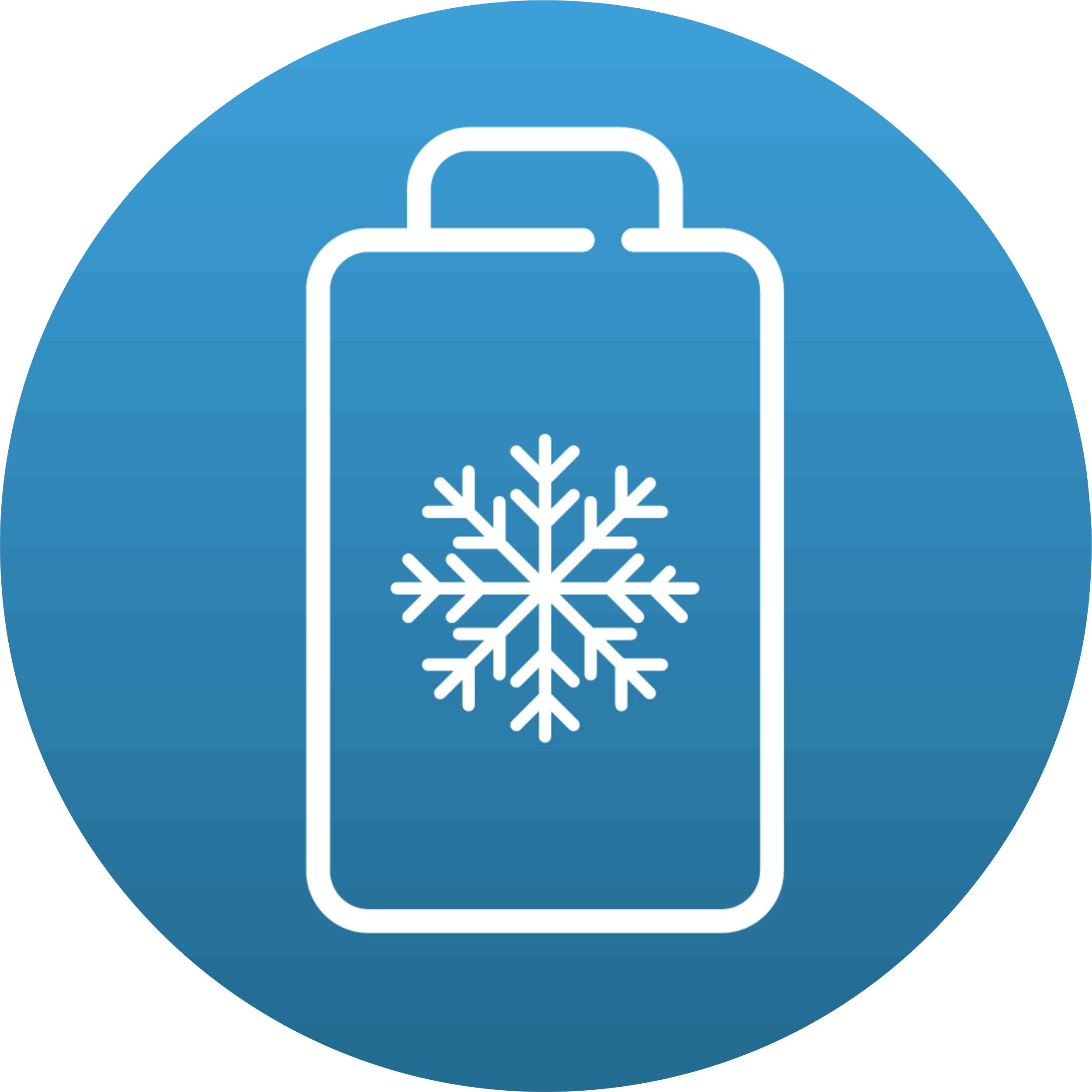 Symbol eines Schnee­flakes in einem Behälter auf blauem Hintergrund, symbolisiert Kühlung oder Gefrierschrank.