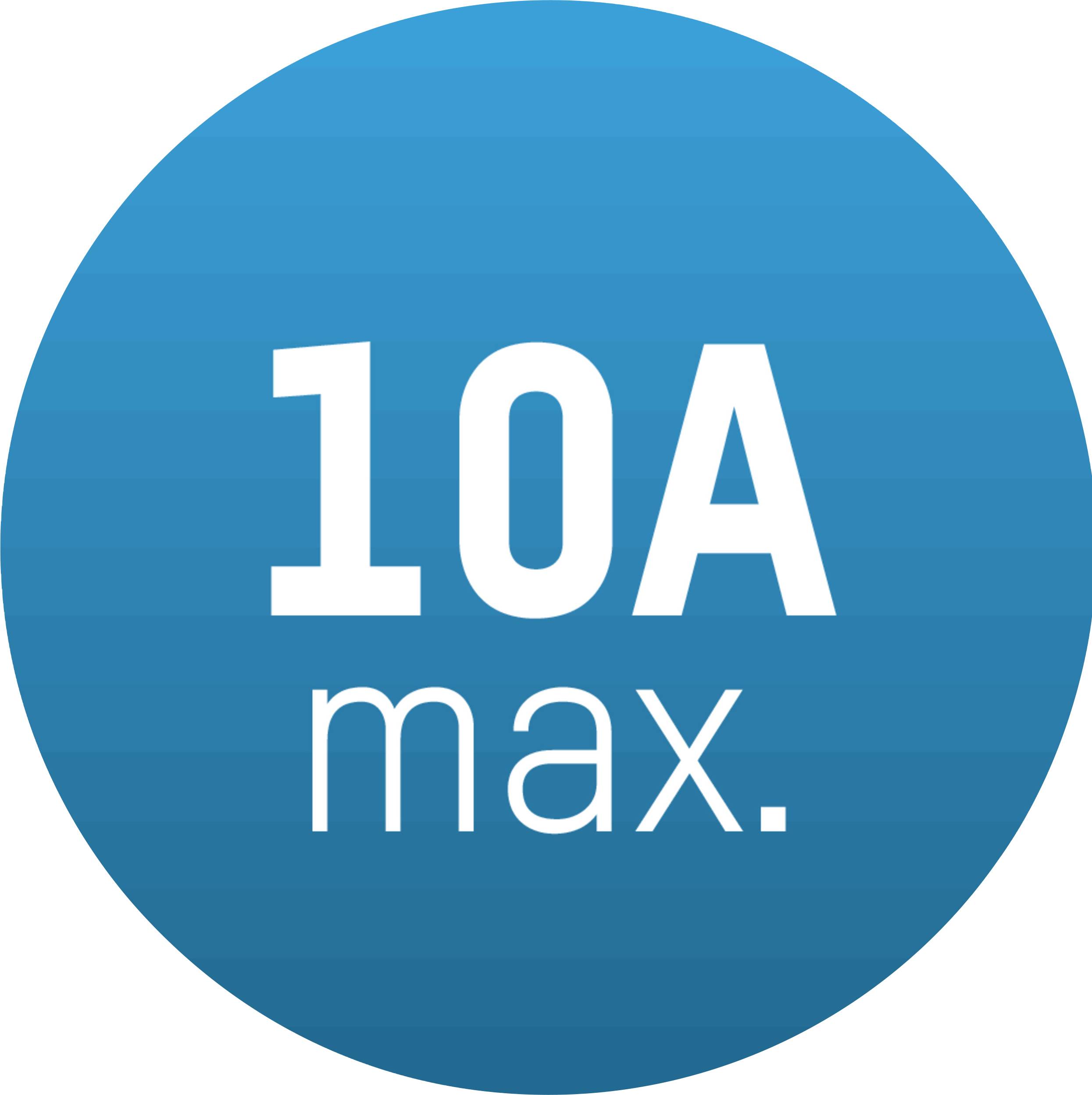 Blaues kreisförmiges Symbol mit weißem Text, der '10A max.' anzeigt, was auf eine maximale Strombelastbarkeit von 10 Ampere hinweist.