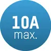 Blaues kreisförmiges Symbol mit weißem Text, der '10A max.' anzeigt, was auf eine maximale Strombelastbarkeit von 10 Ampere hinweist.