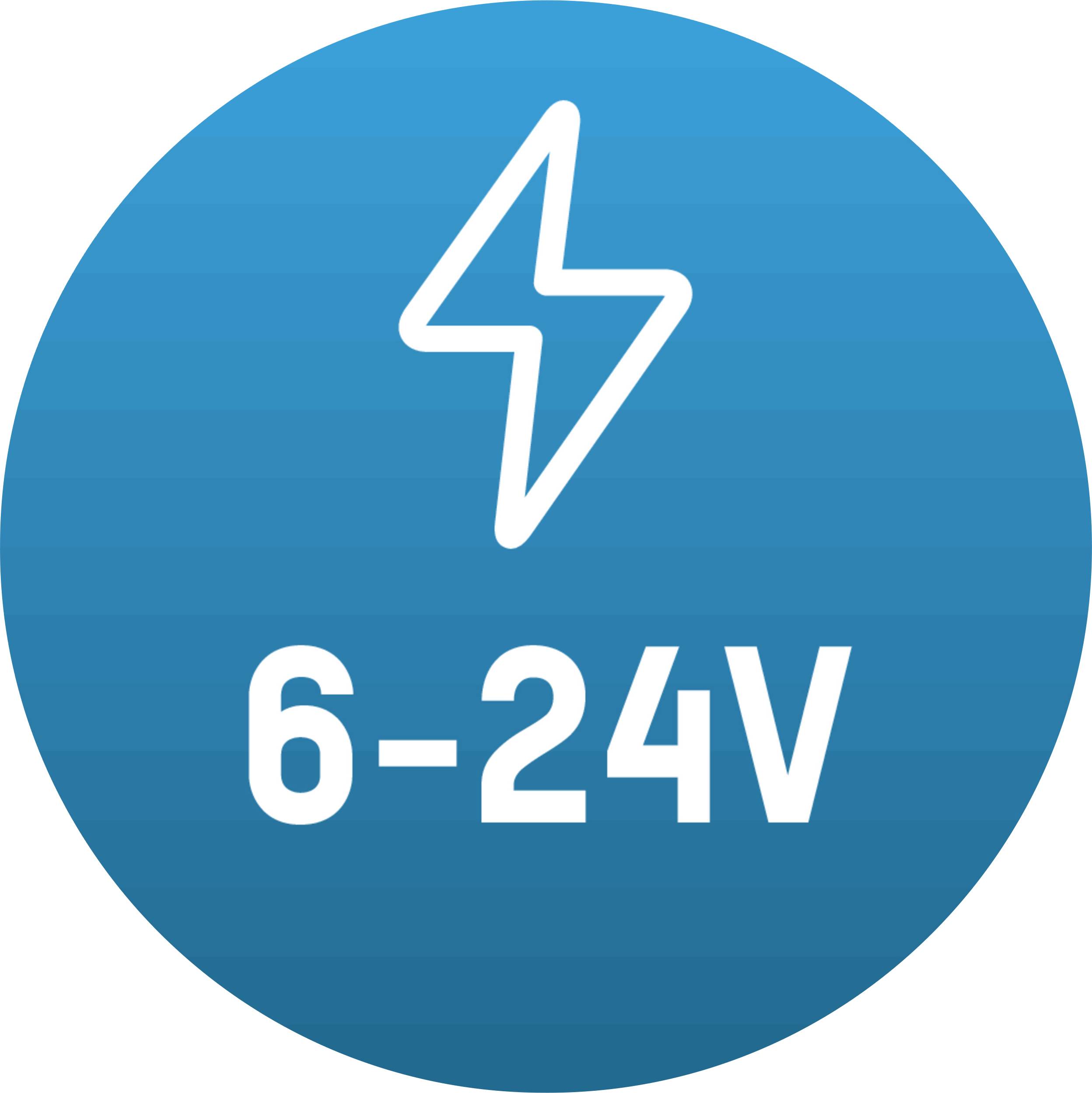 Ein blauer Kreis mit einem Blitzsymbol und darunter der Text '6-24V', zeigt den Spannungsbereich eines Geräts an.
